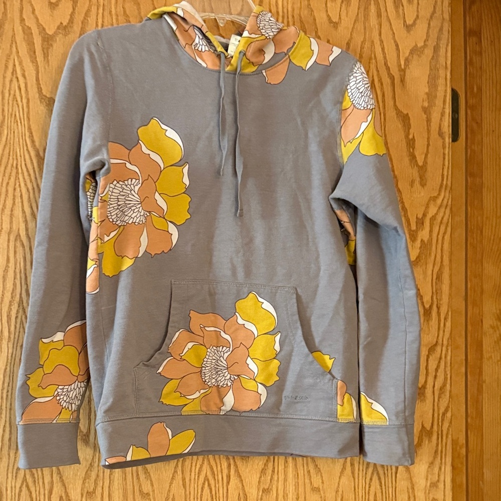 Patagonia Gray Sweatshirt with Yellow and Orange Floral Design